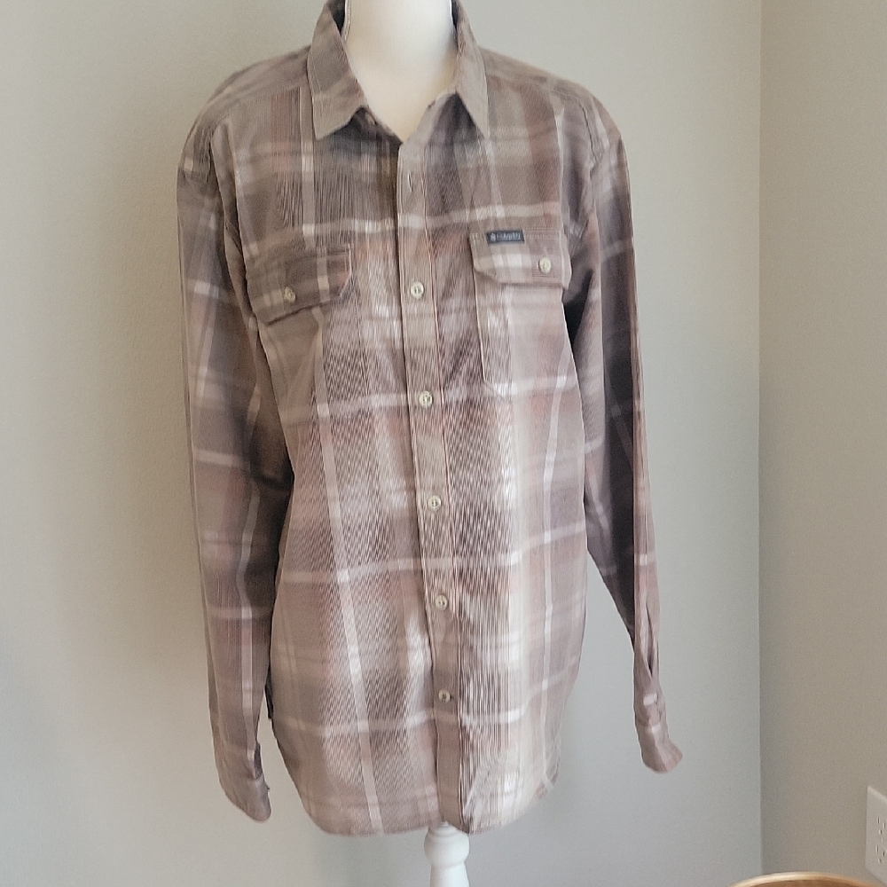 Columbia Cotton Tan Plaid Ribbed Flannel Regular Fit Shirt Like New